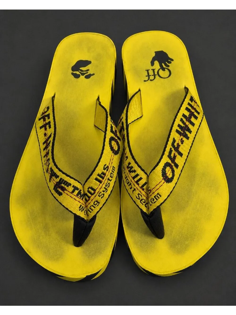 Off White Yellow Black Industrial Logo Caution Flip Flops Sz Mens 9